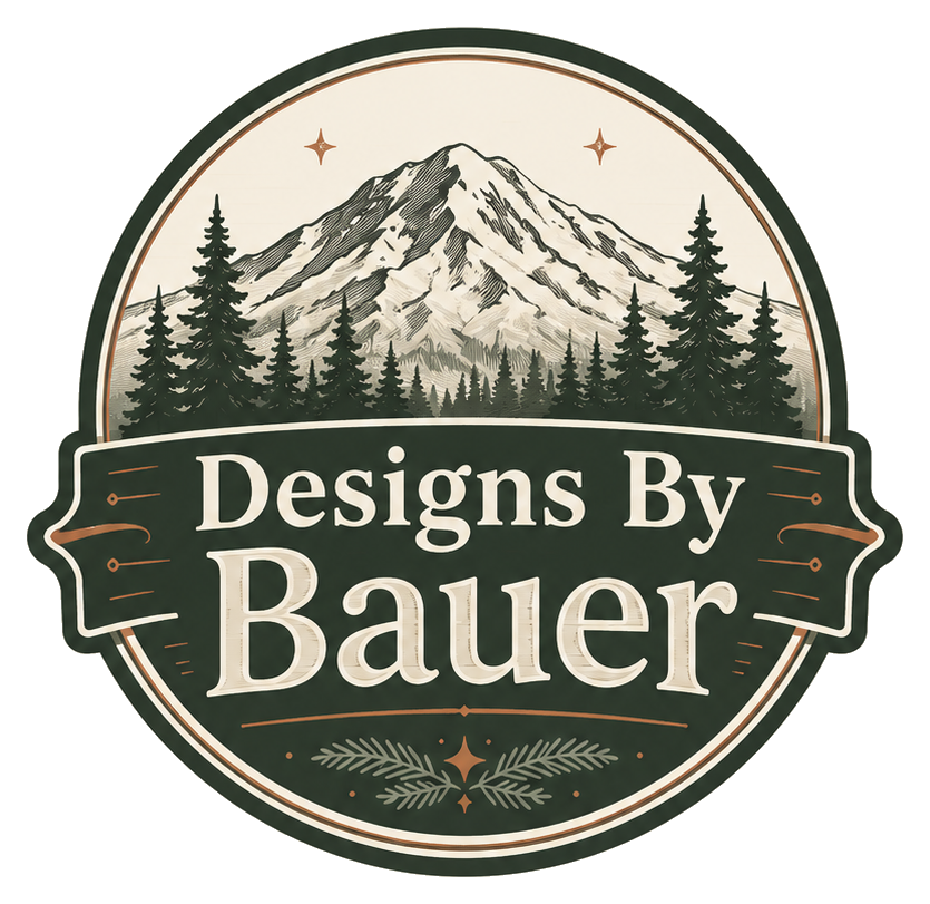 Designs By Bauer vintage Mount Rainier and evergreen logo