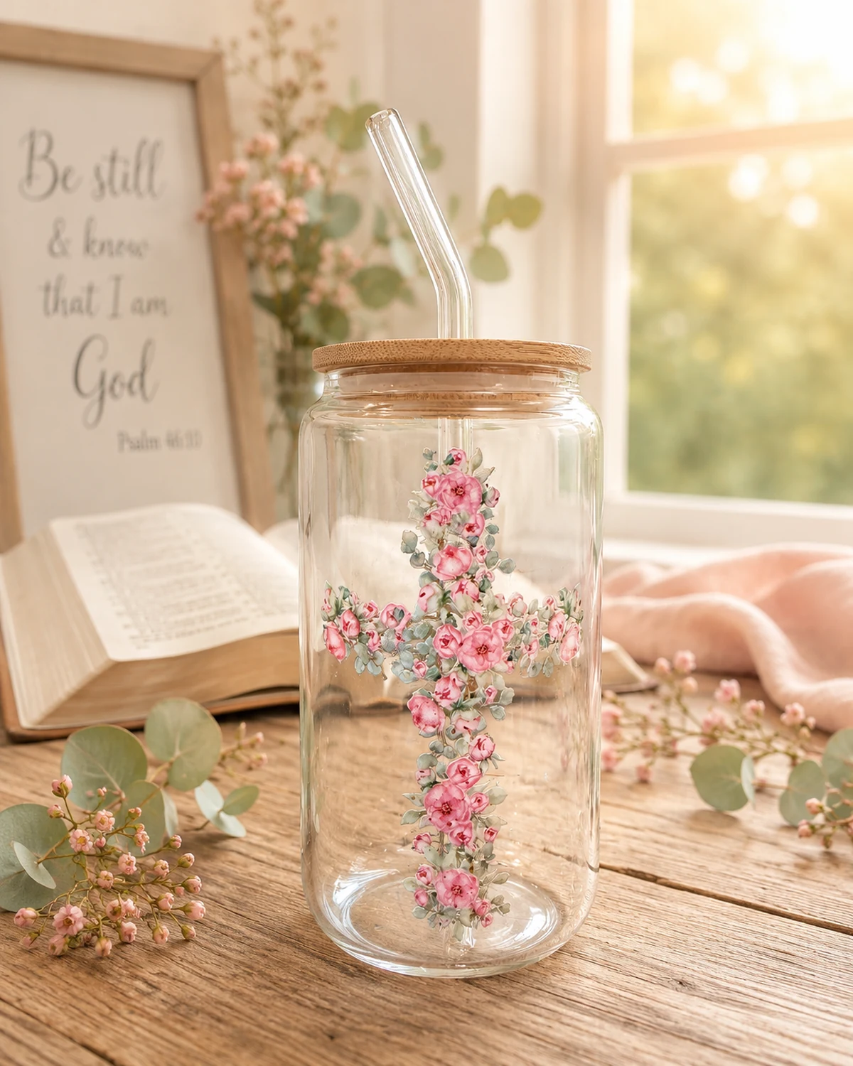 Floral cross tumbler representing the Faith theme