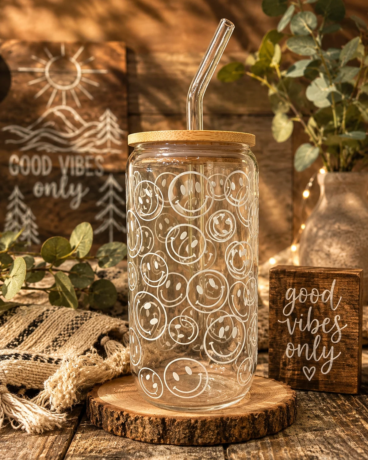 Good Vibes smiley face glass tumbler collection